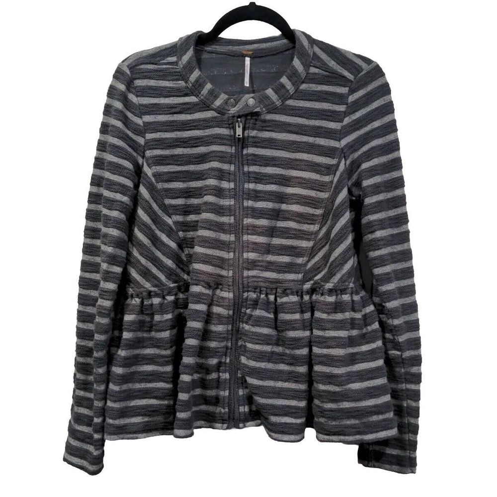 Free People Women's Peplum Striped Shacket Size XS Full Zip Boho Black Gray